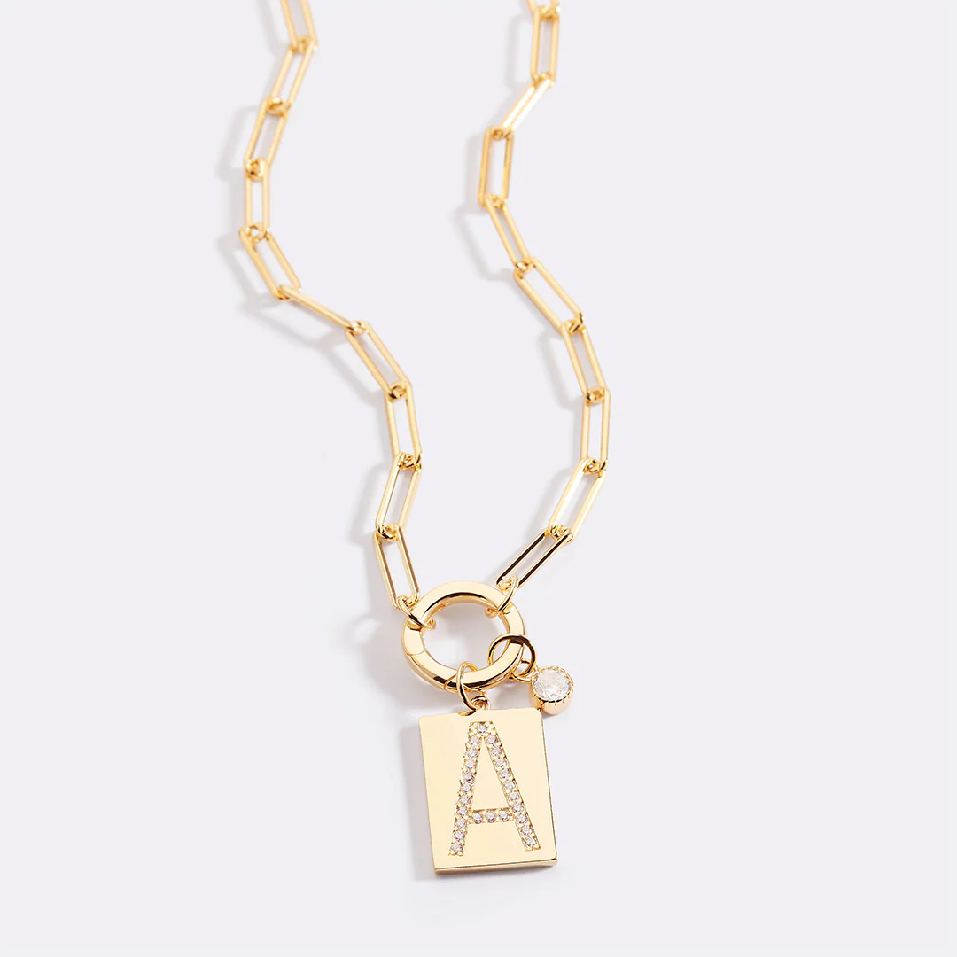 Gold Pave Initial Pendant Necklace with Paperclip Chain