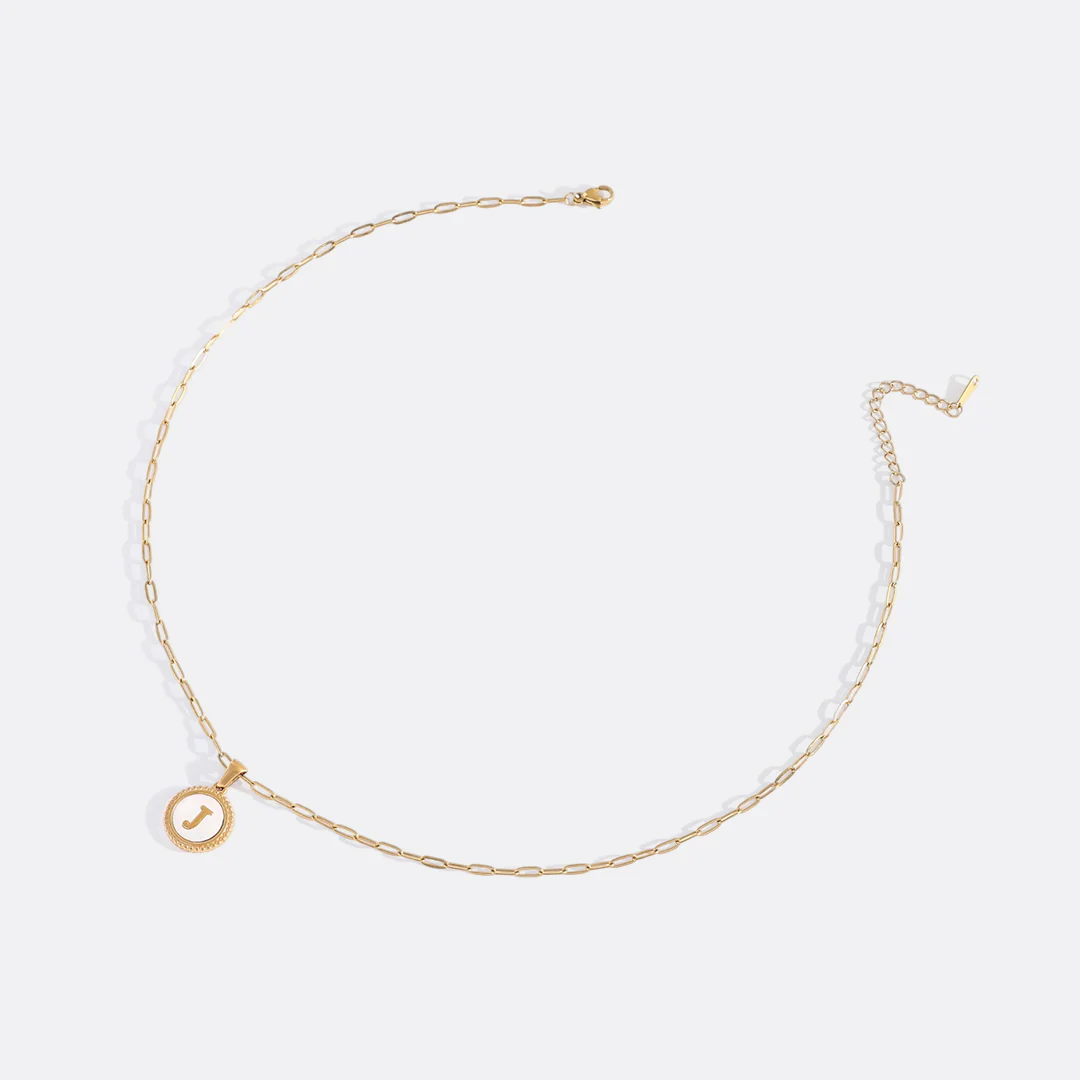 Mother of Pearl Disc Letter Necklace with Paperclip Chain