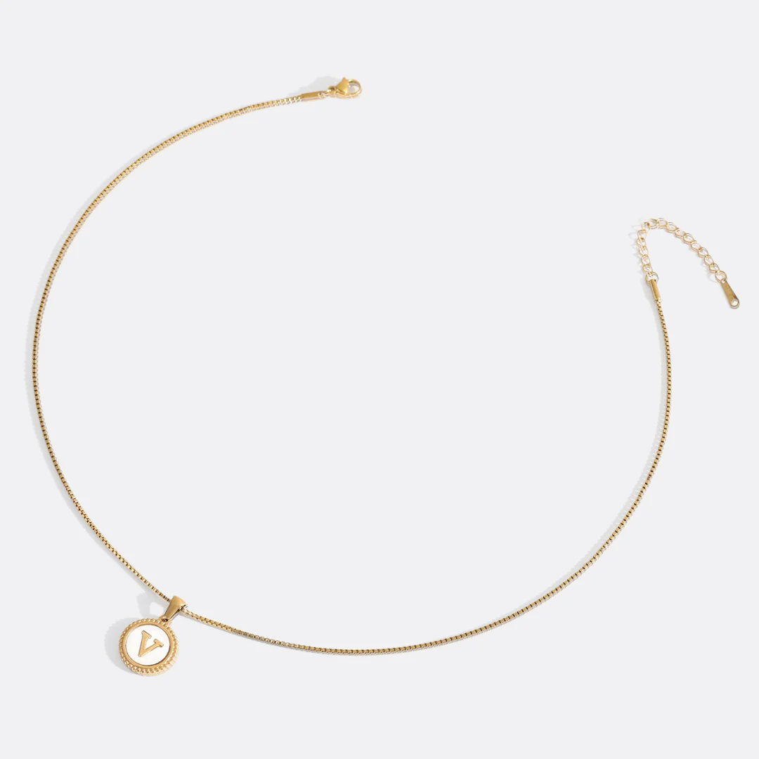 Mother of Pearl Disc Letter Necklace with Box Chain