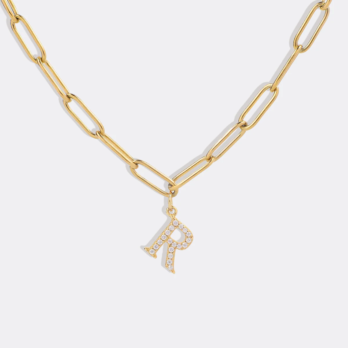 Diamond Letter Pendant Necklace with Paperclip Chain