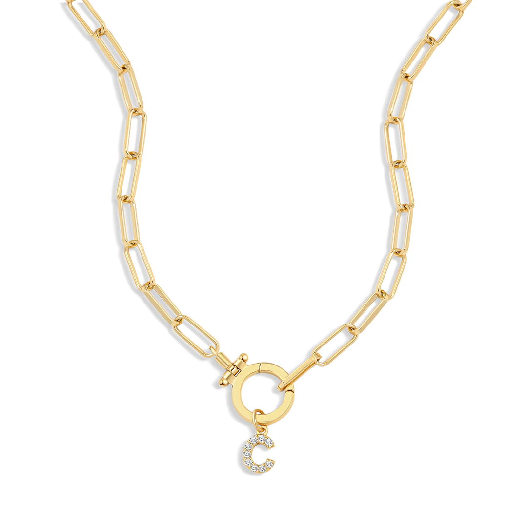 Mint Paperclip Necklace with Pave Initial Charm