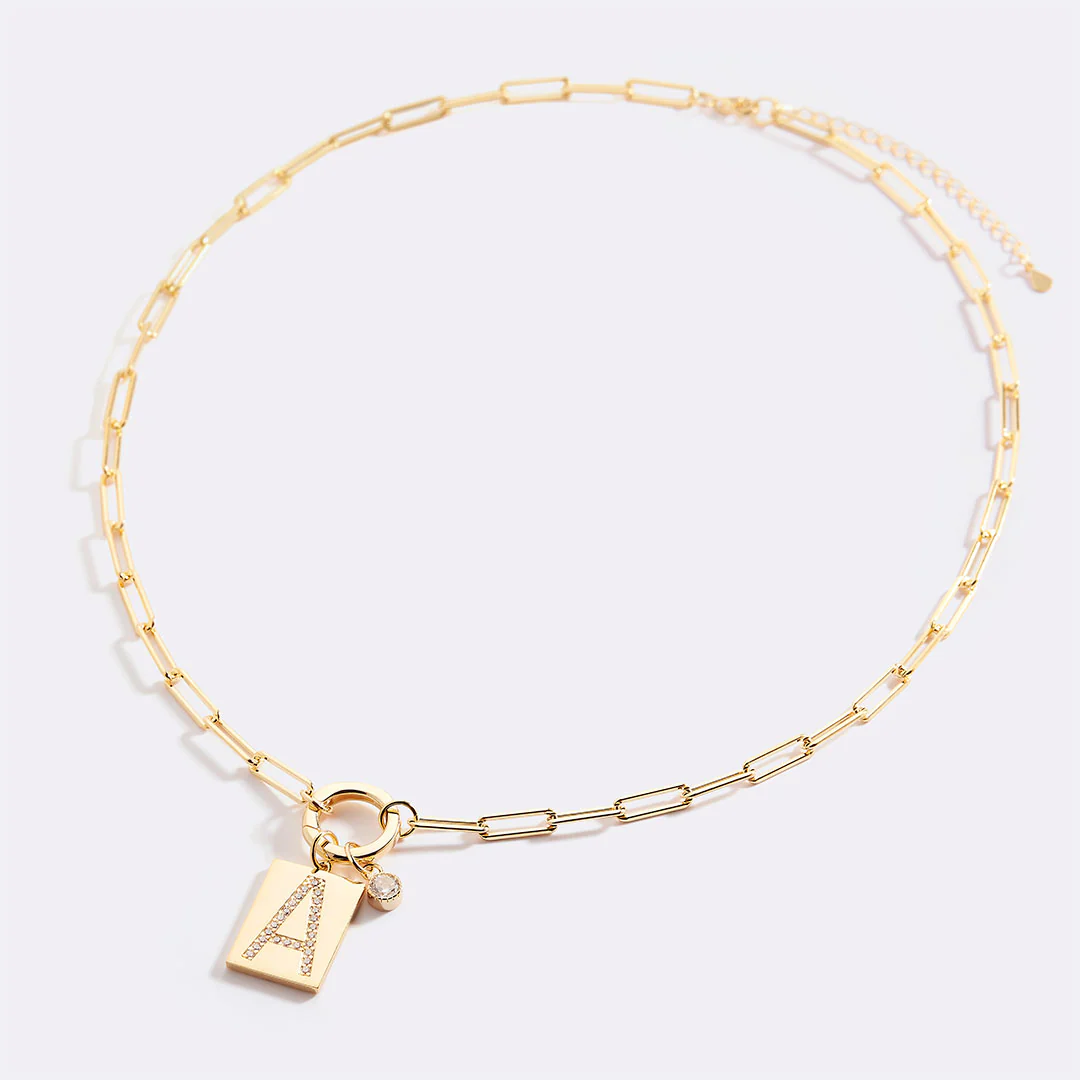 Gold Pave Initial Pendant Necklace with Paperclip Chain