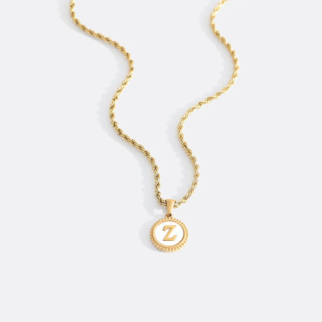 Mother of Pearl Disc Letter Necklace with Rope Chain
