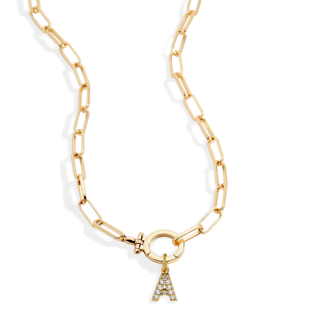 Mint Paperclip Necklace with Pave Initial Charm