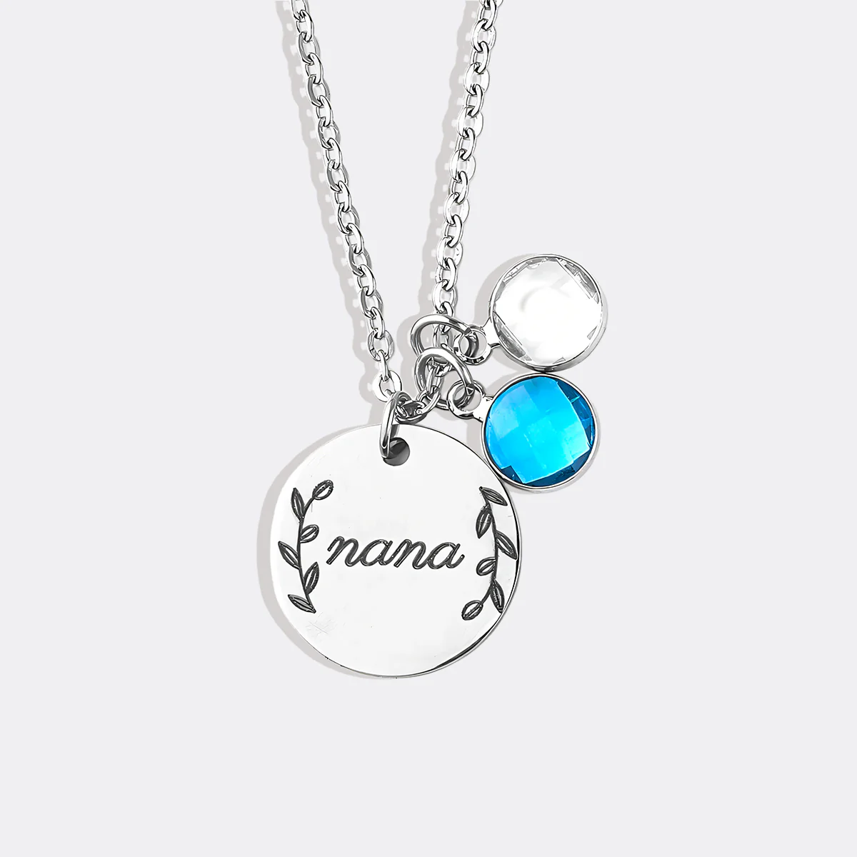 Engraved Birthstone Pendant Necklace with Leaves