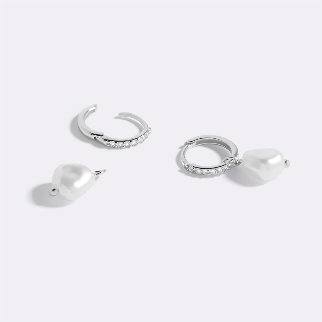 Freshwater Pearl Drop Pave Huggie Earrings