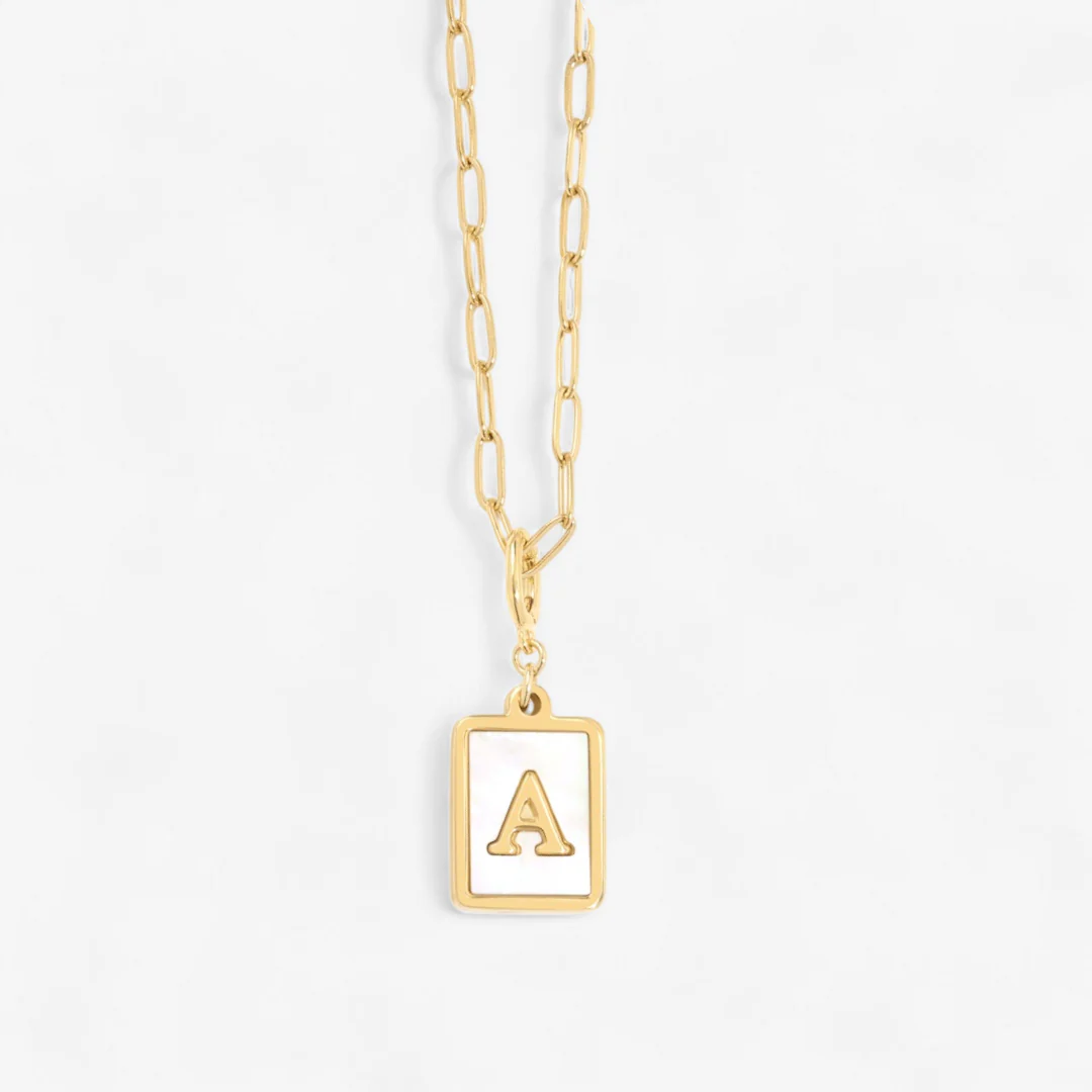 Mother of Pearl Card Initial Necklace | Paperclip Chain