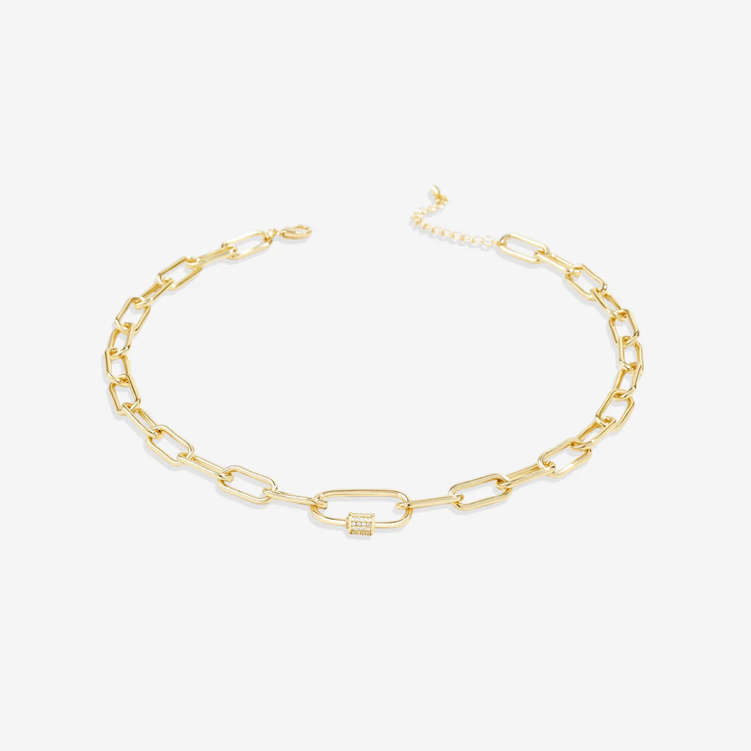 Link Chain Necklace with Pave Carabiner Clasp