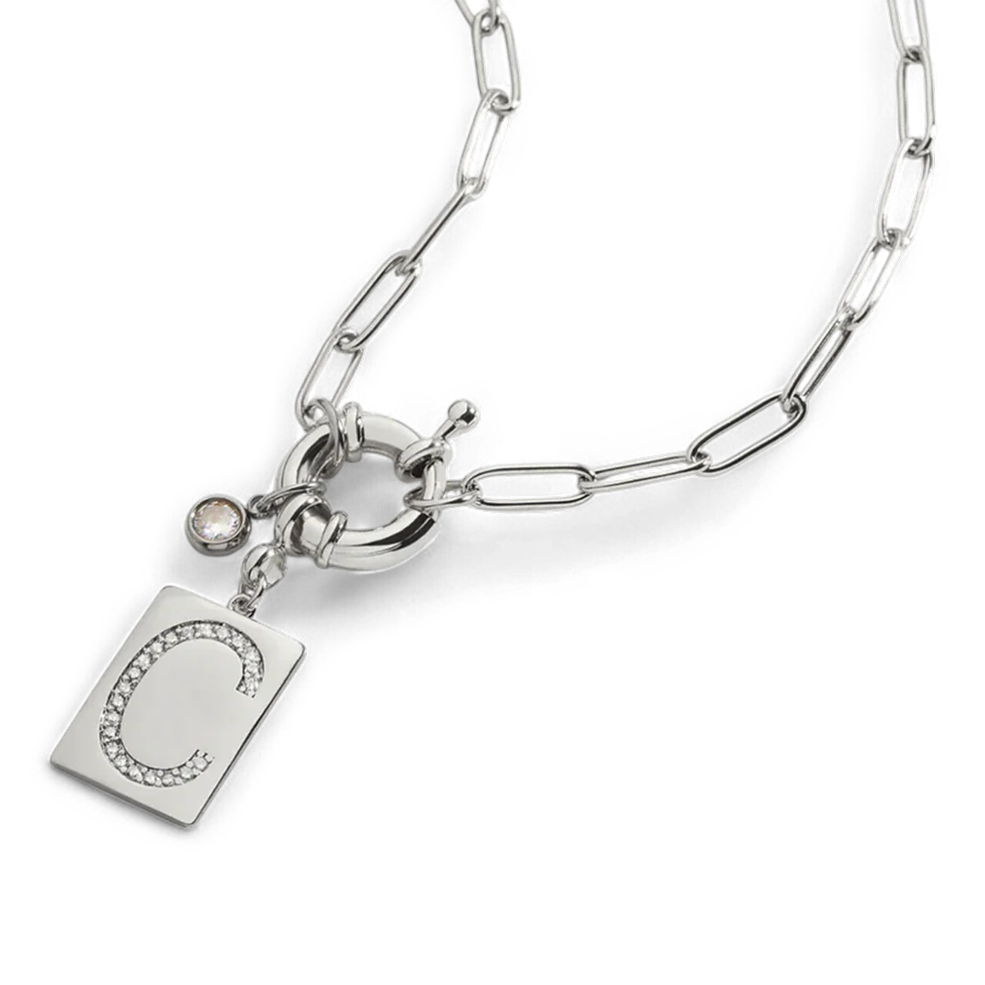 Pave Initial Pendant Necklace with Paperclip Chain