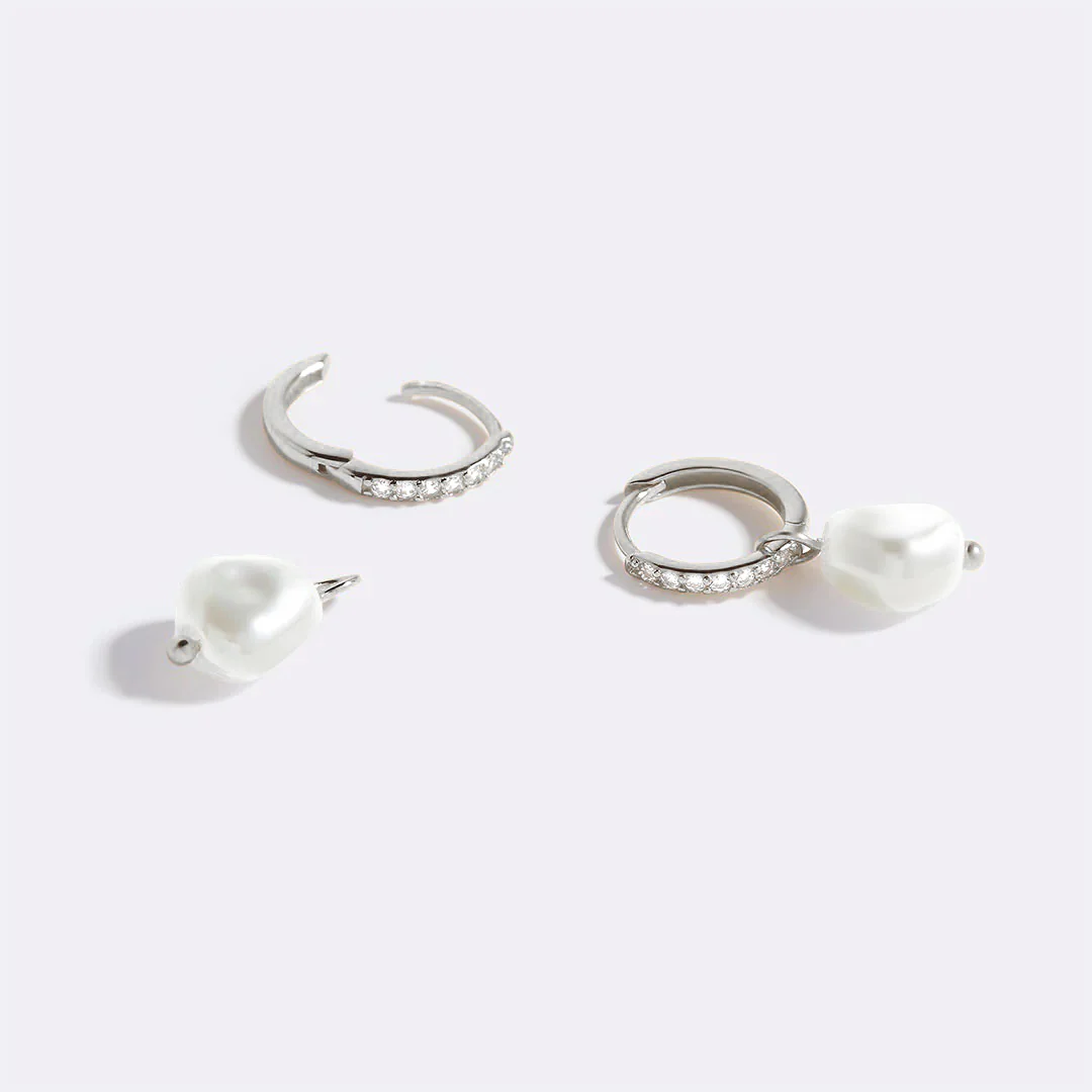 Freshwater Pearl Drop Pave Huggie Earrings