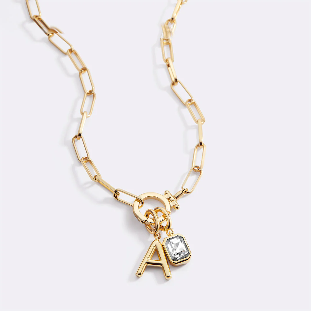 Mint Paperclip Necklace with Initial & Birthstone Charm