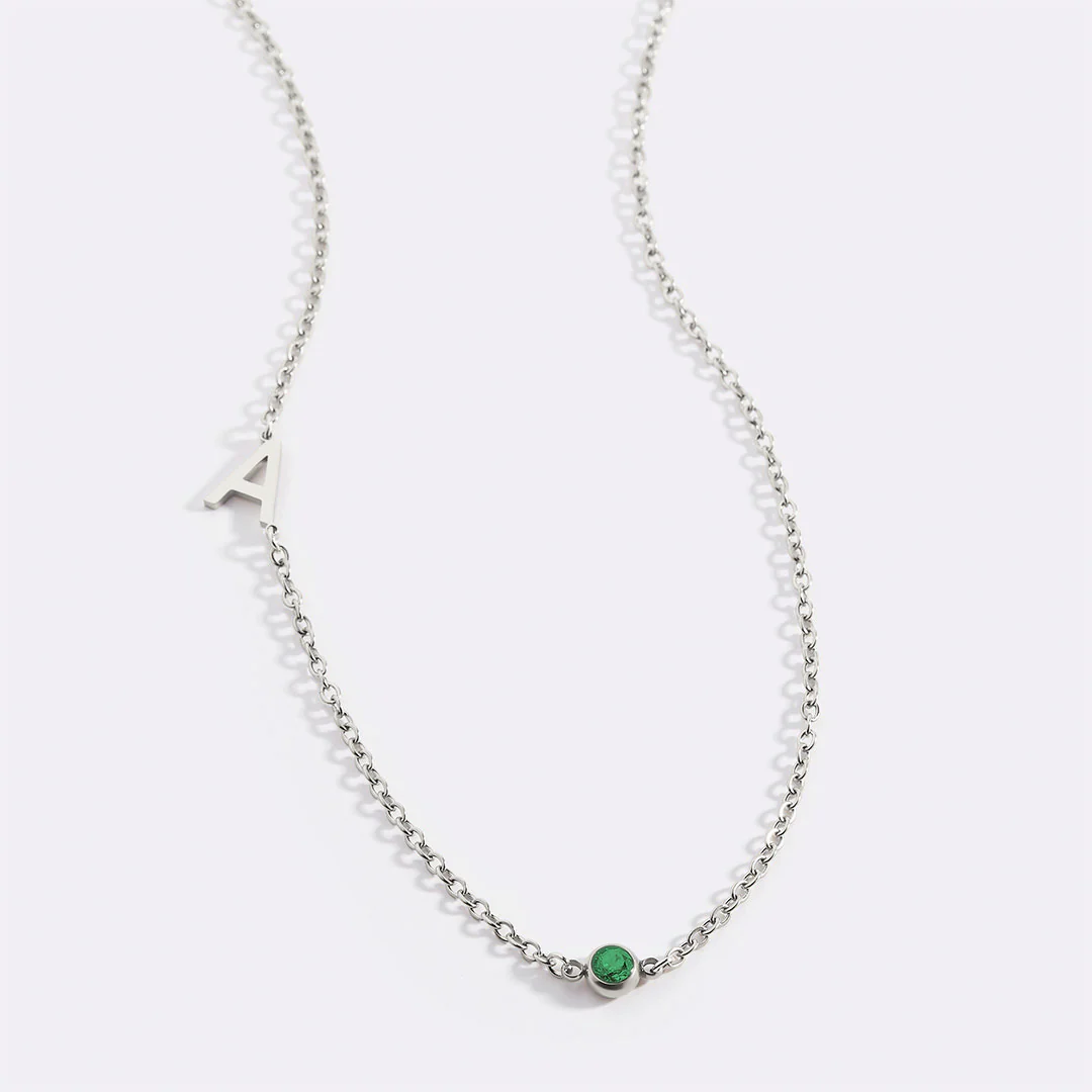 Initial Necklace with Birthstone Accent