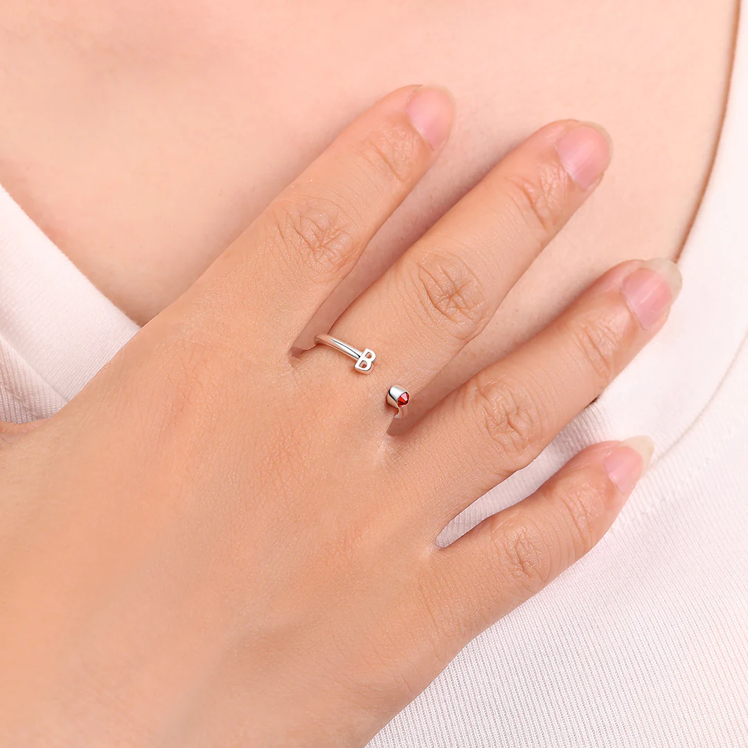 Dainty Birthstone Initial Ring