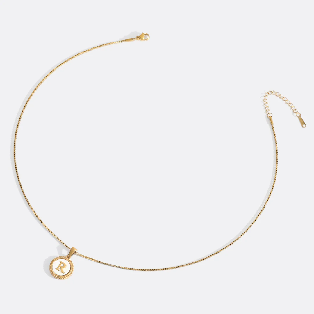 Mother of Pearl Disc Letter Necklace with Box Chain
