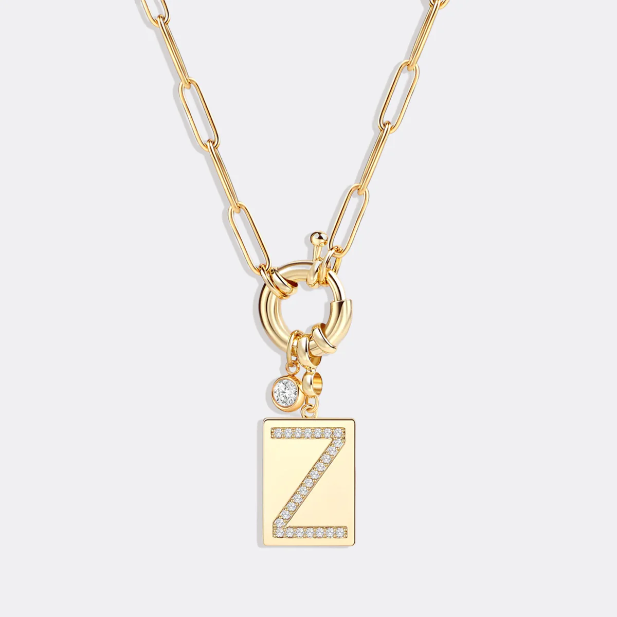 Pave Initial Pendant Necklace with Paperclip Chain