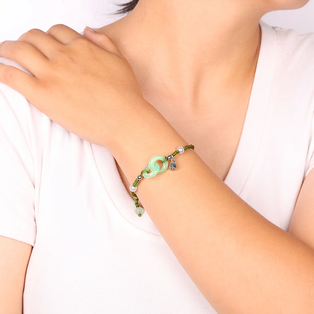 Jade Pearl & Lotus Prosperity String Bracelet