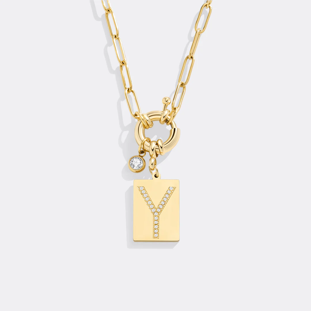 Pave Initial Pendant Necklace with Paperclip Chain