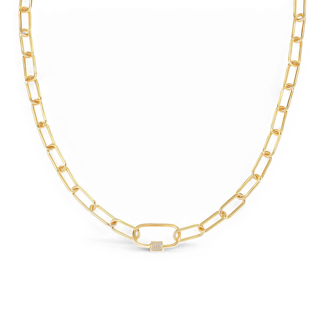 Link Chain Necklace with Pave Carabiner Clasp