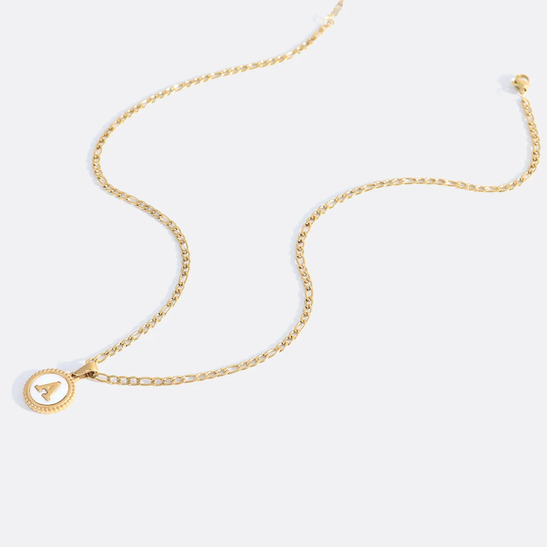 Mother of Pearl Disc Letter Necklace with Figaro Chain