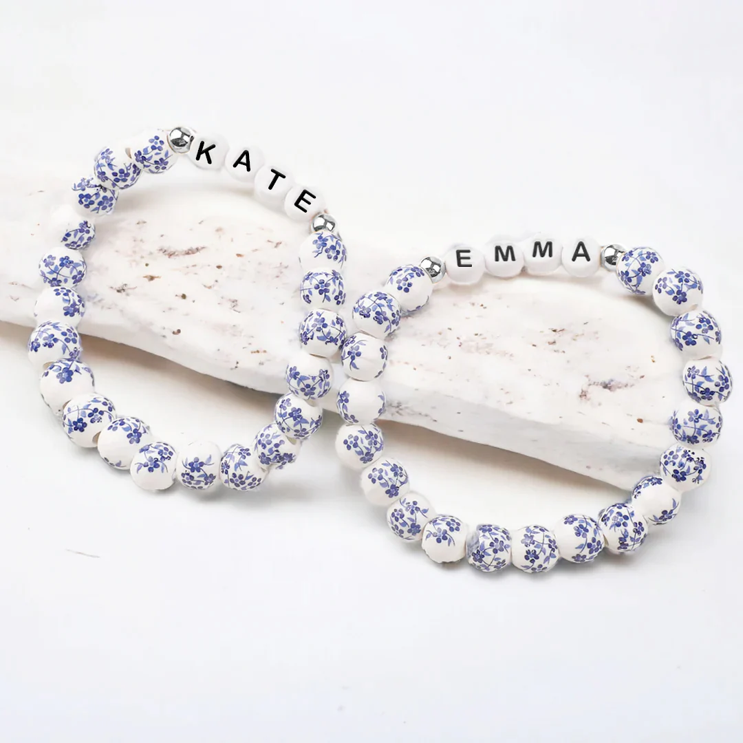 Custom Name Blue Porcelain Floral Beaded Bracelet