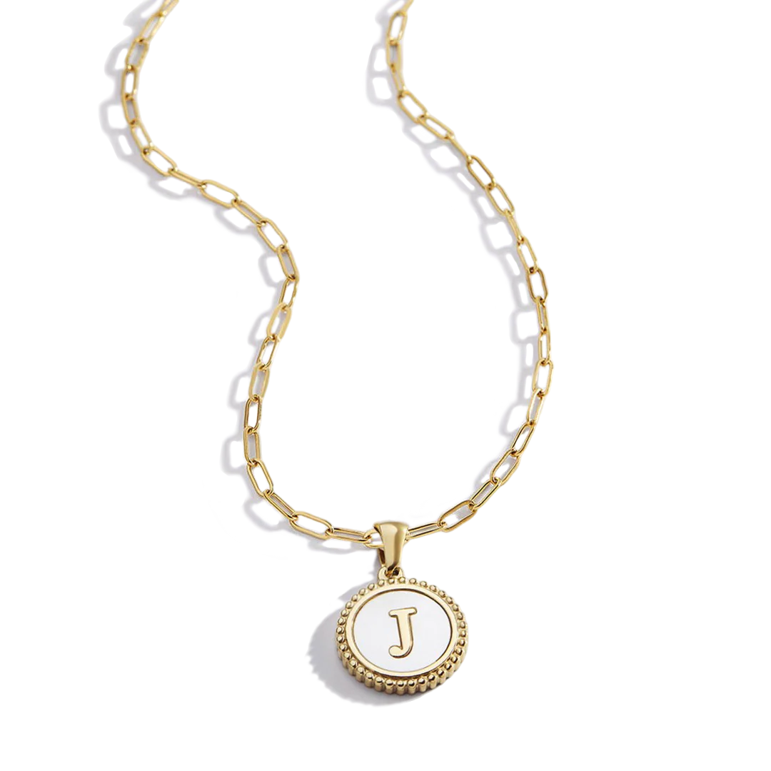 Mother of Pearl Disc Letter Necklace with Paperclip Chain