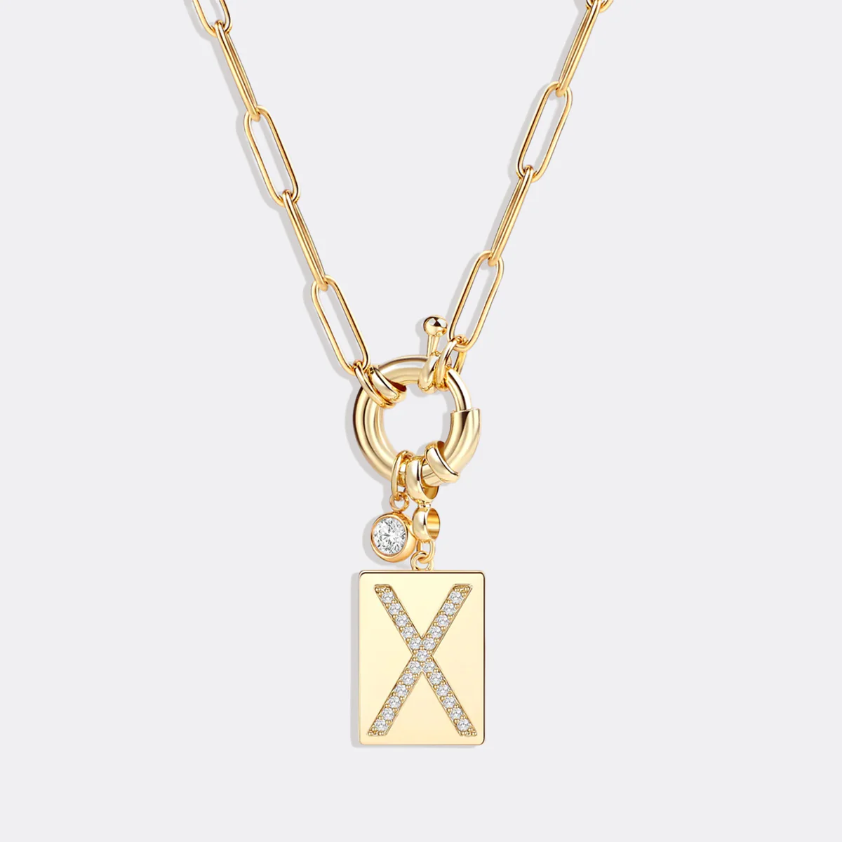Pave Initial Pendant Necklace with Paperclip Chain