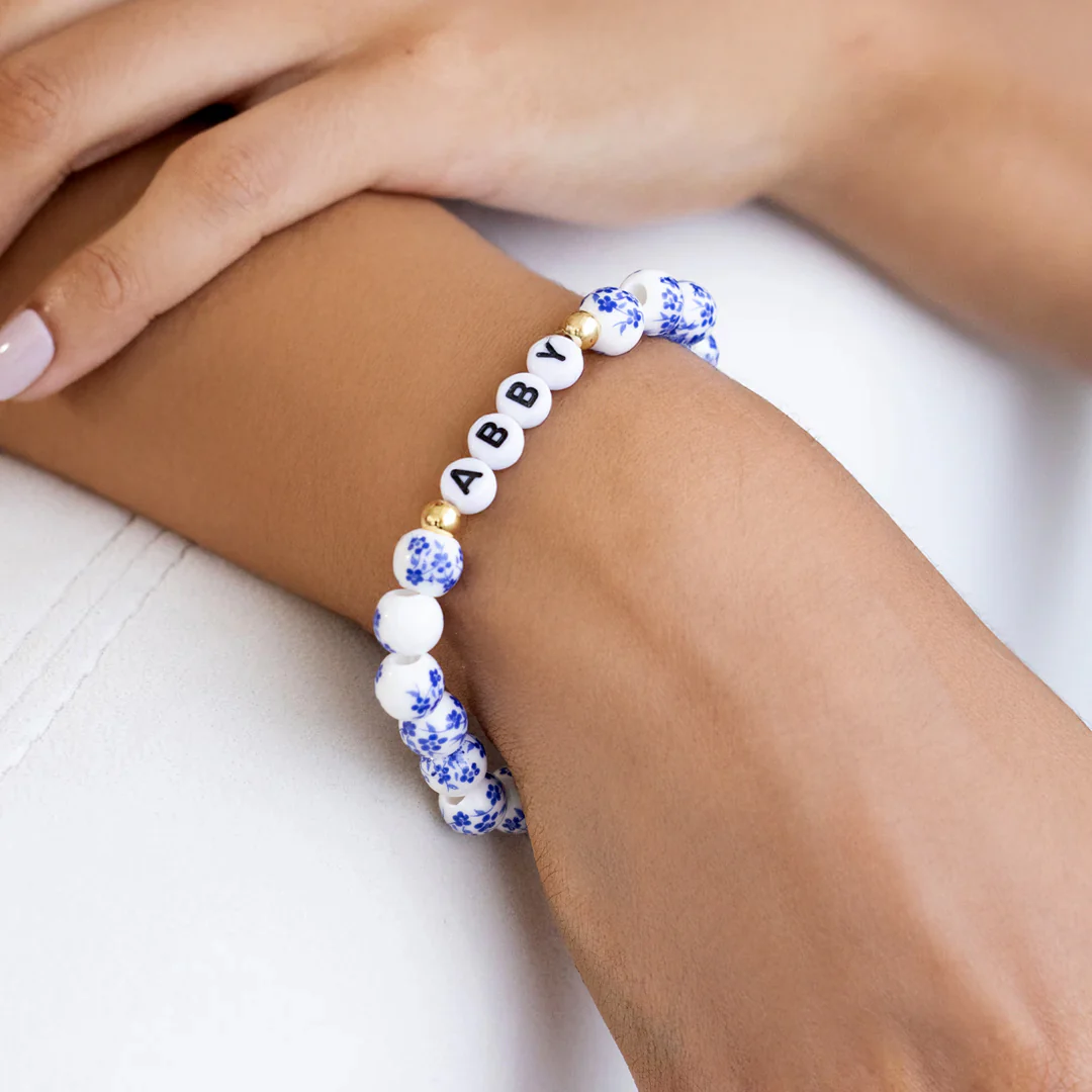 Custom Name Blue Porcelain Floral Beaded Bracelet