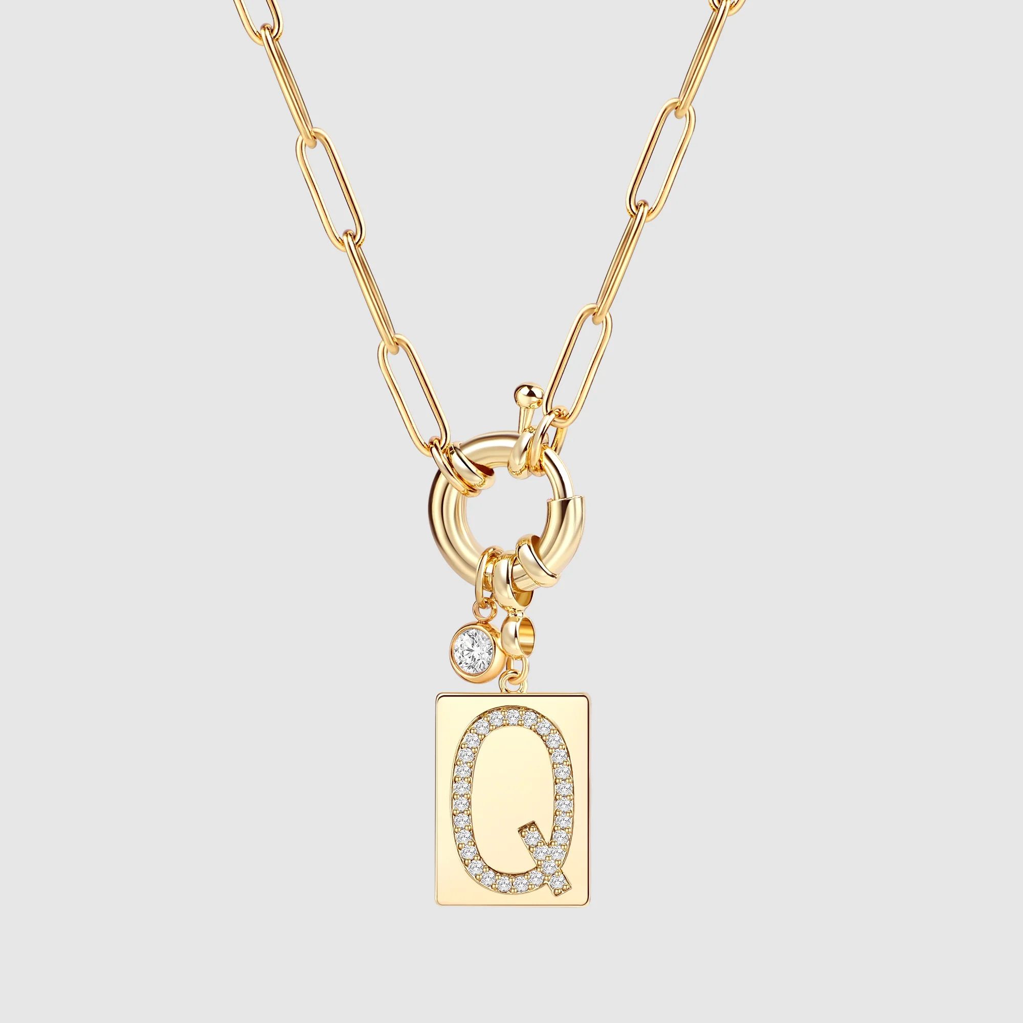 Pave Initial Pendant Necklace with Paperclip Chain