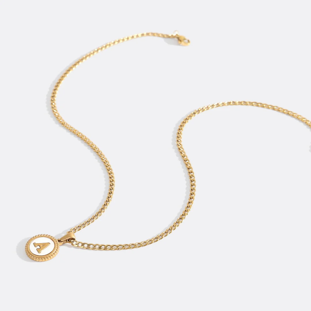 Mother of Pearl Disc Letter Necklace with Cuban Chain