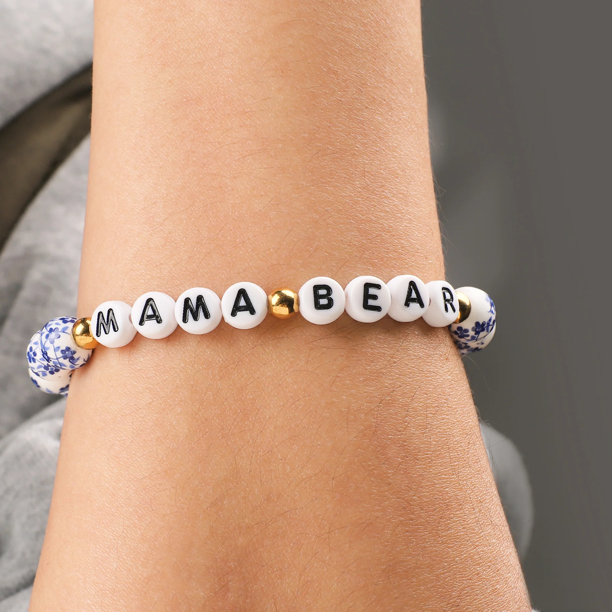 Custom Name Blue Porcelain Floral Beaded Bracelet