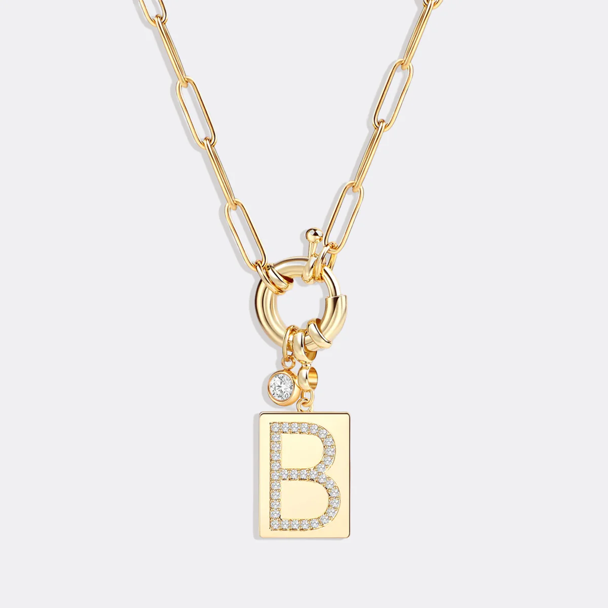 Pave Initial Pendant Necklace with Paperclip Chain