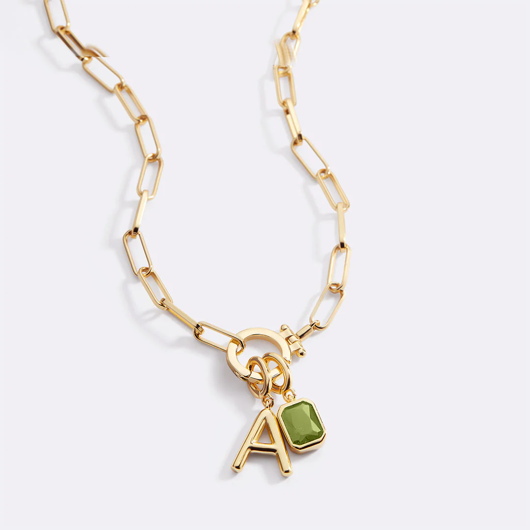 Mint Paperclip Necklace with Initial & Birthstone Charm