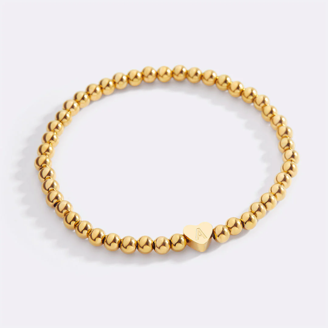 Gold Beaded Bracelet with Heart Initial