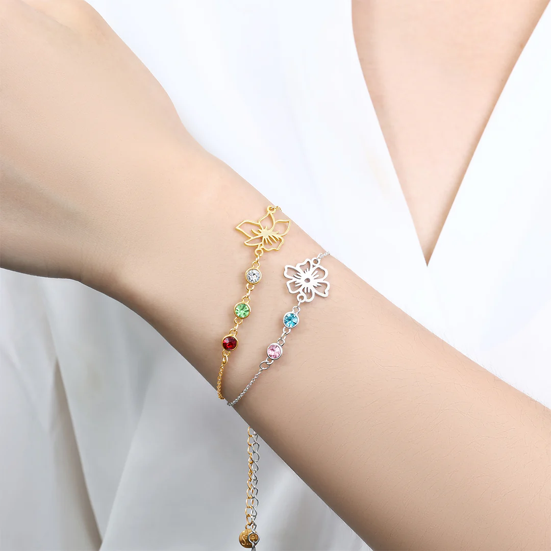 Personalized Birth Flower & Birthstones Bracelet January Snowdrop
