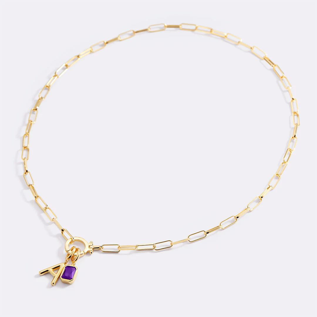 Mint Paperclip Necklace with Initial & Birthstone Charm