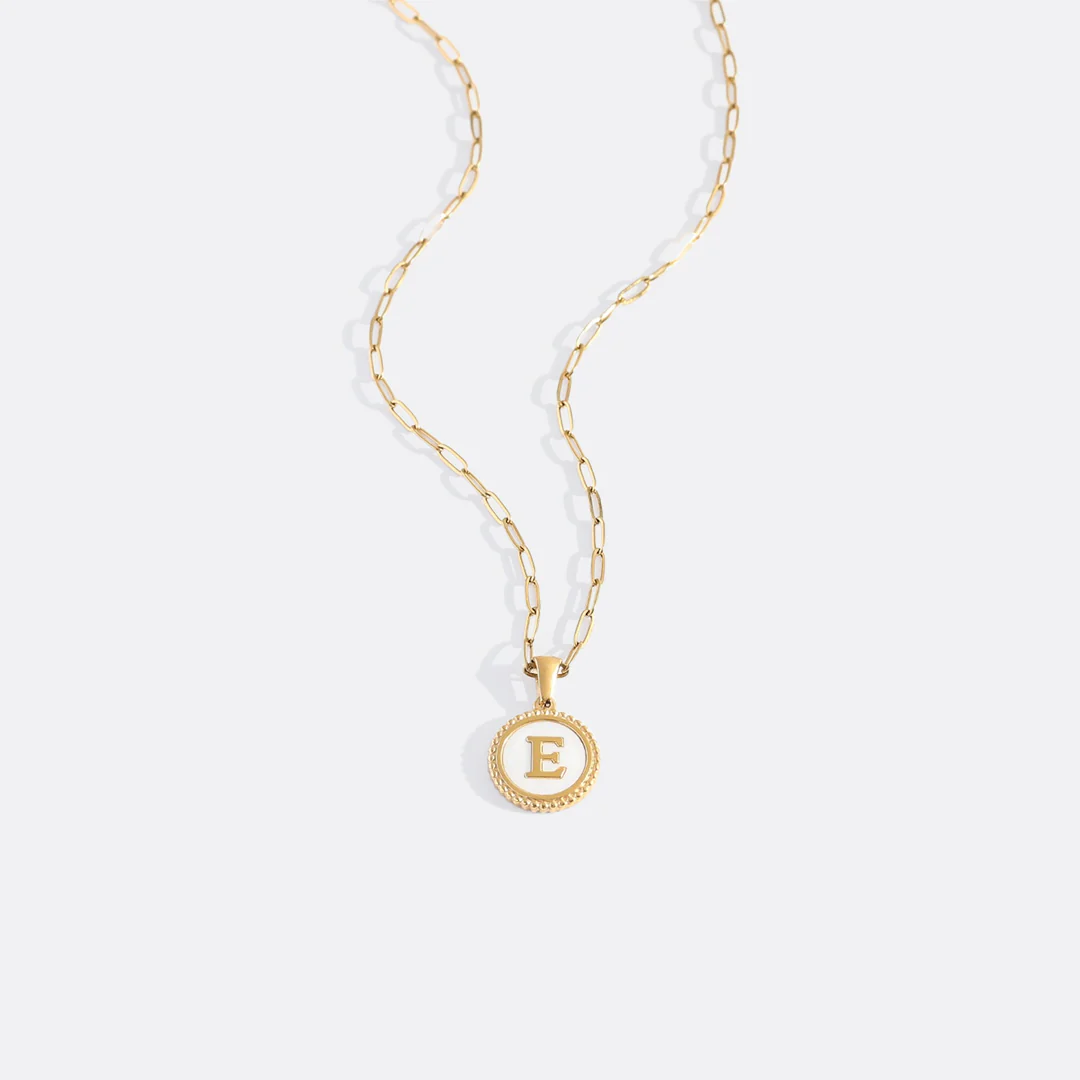 Mother of Pearl Disc Letter Necklace with Paperclip Chain
