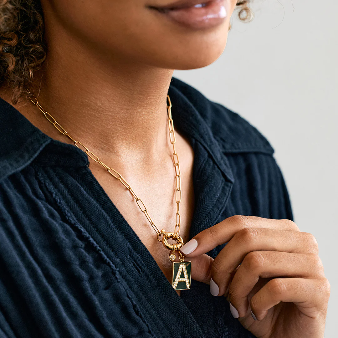 Pave Initial Pendant Necklace with Paperclip Chain