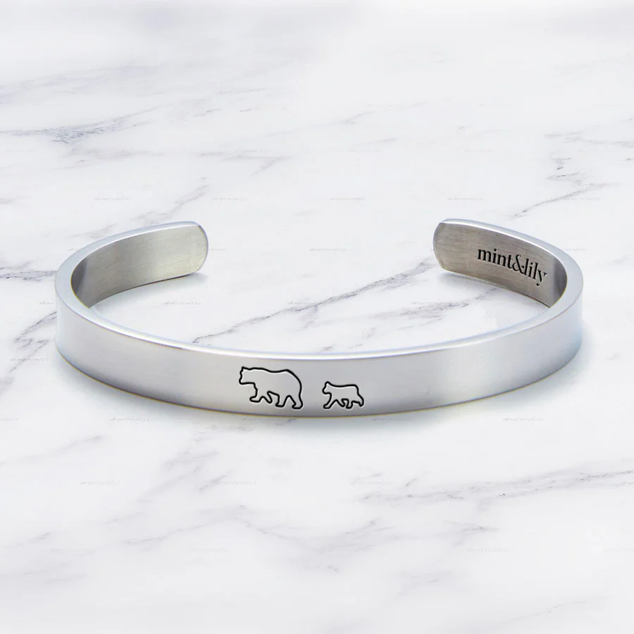 Mama Bear & Her Baby Bears Engraved Cuff Bracelet