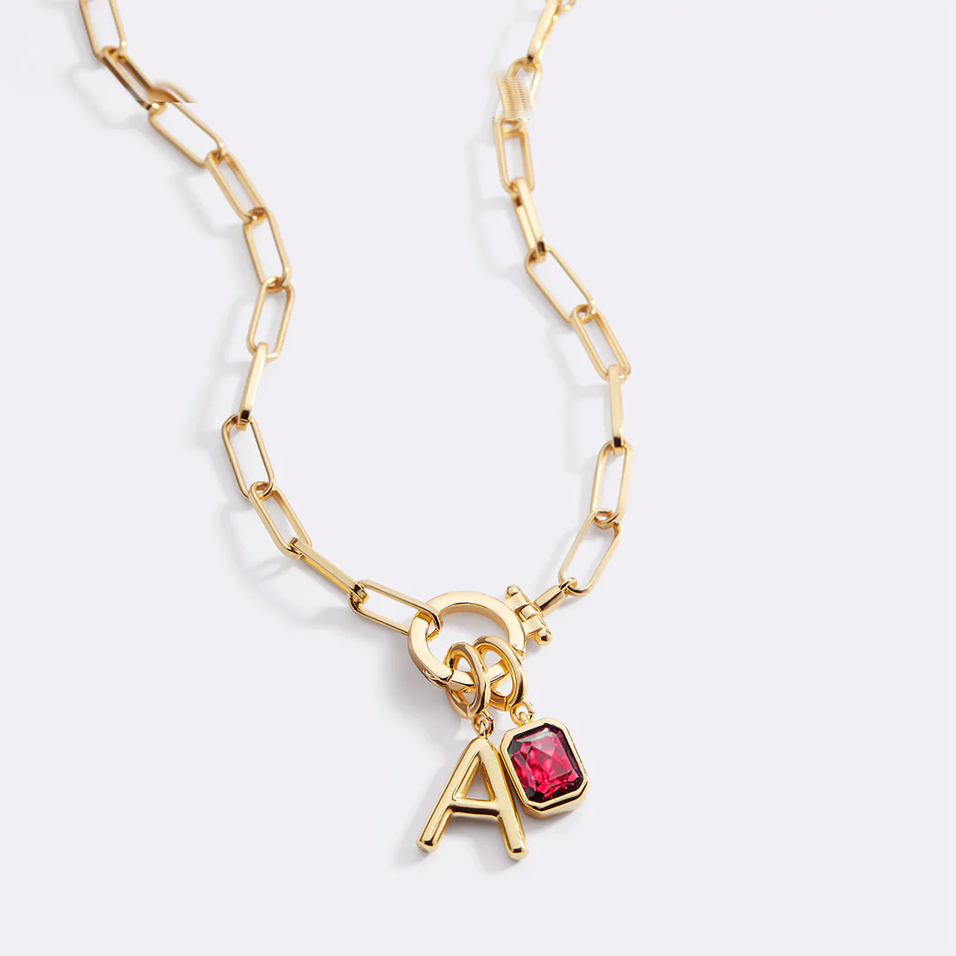 Mint Paperclip Necklace with Initial & Birthstone Charm