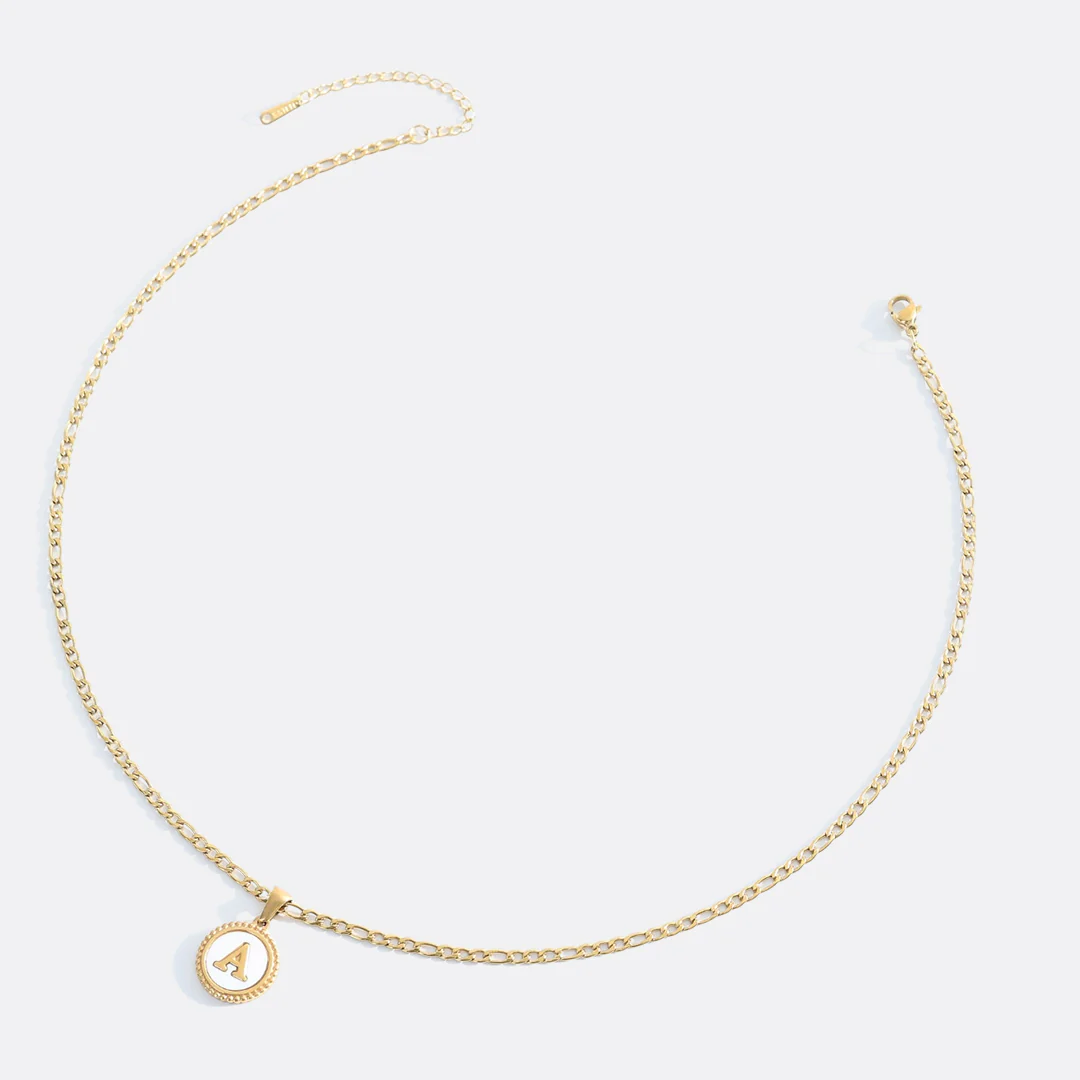 Mother of Pearl Disc Letter Necklace with Figaro Chain