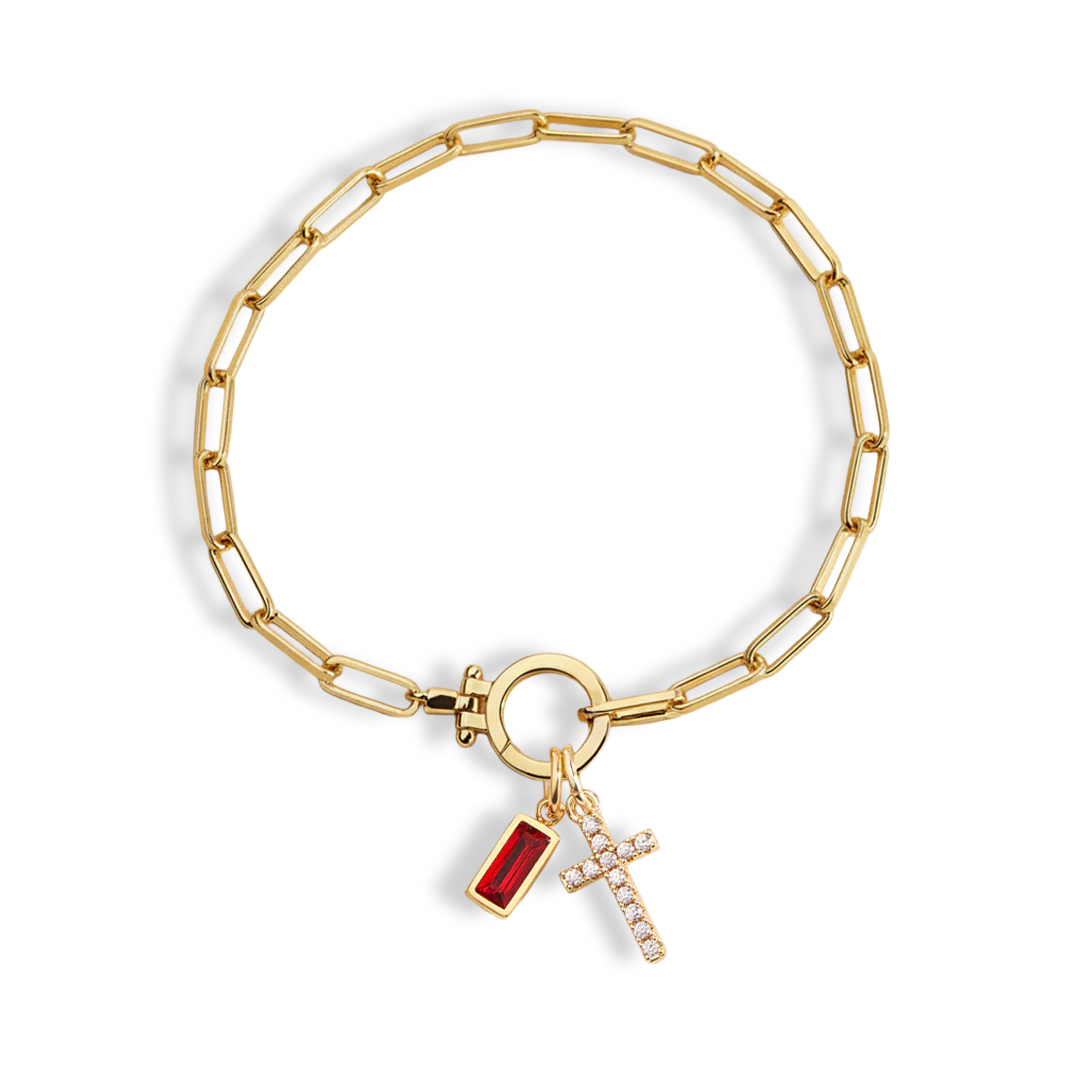 Cross Charm Birthstone Paperclip Bracelet