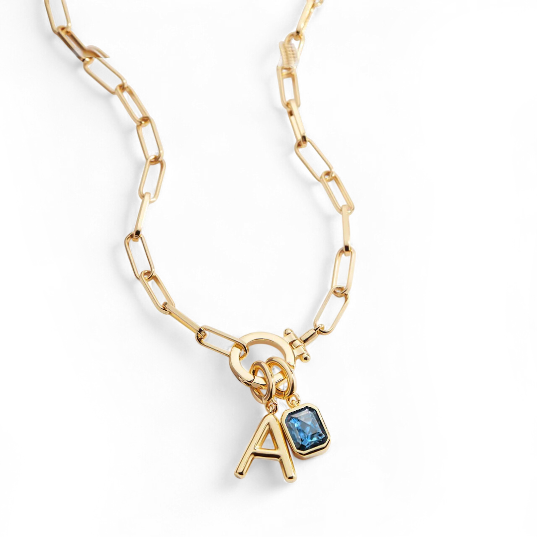 Mint Paperclip Necklace with Initial & Birthstone Charm