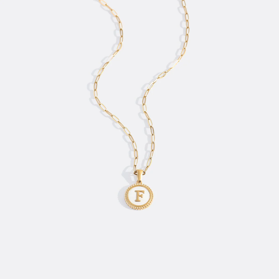 Mother of Pearl Disc Letter Necklace with Paperclip Chain