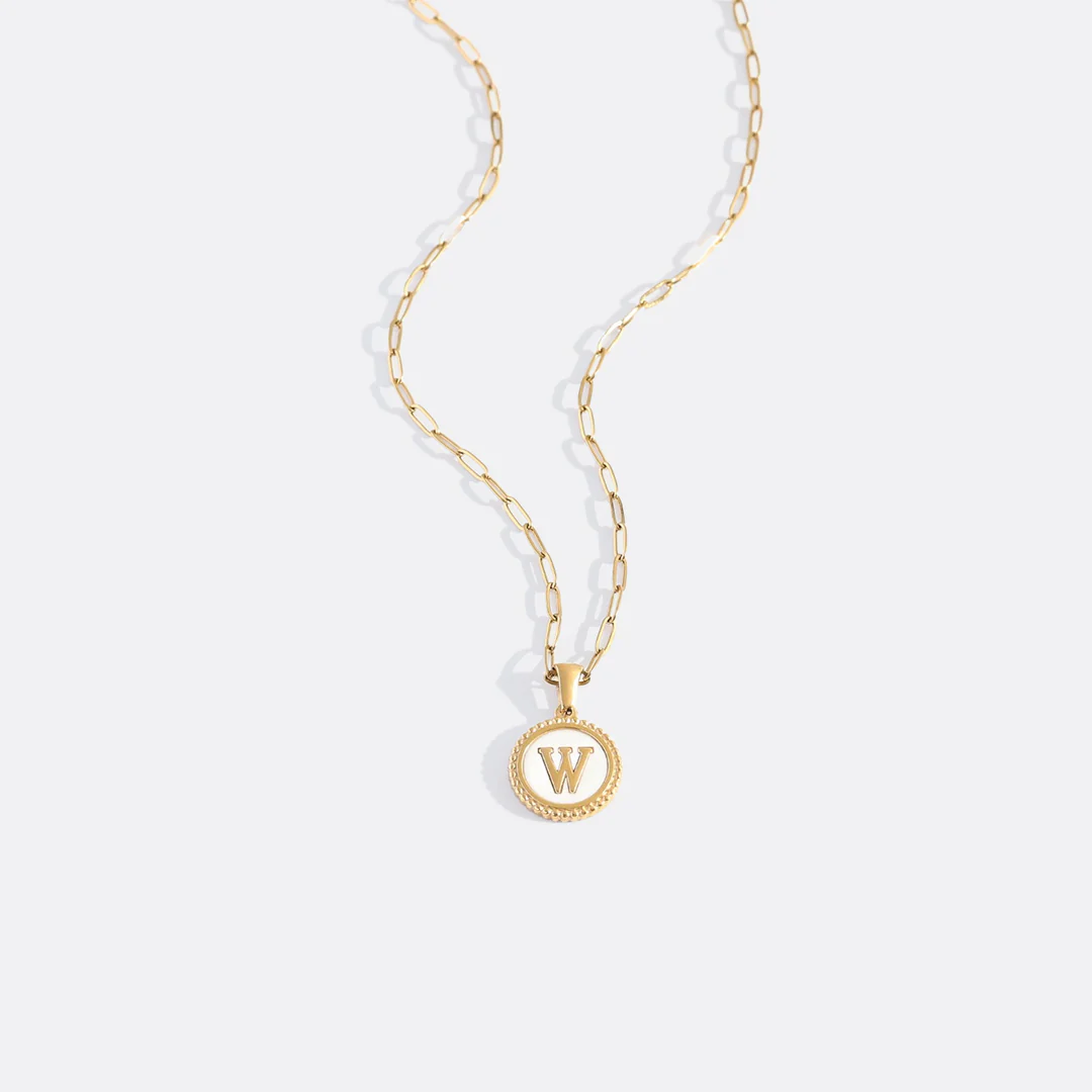 Mother of Pearl Disc Letter Necklace with Paperclip Chain