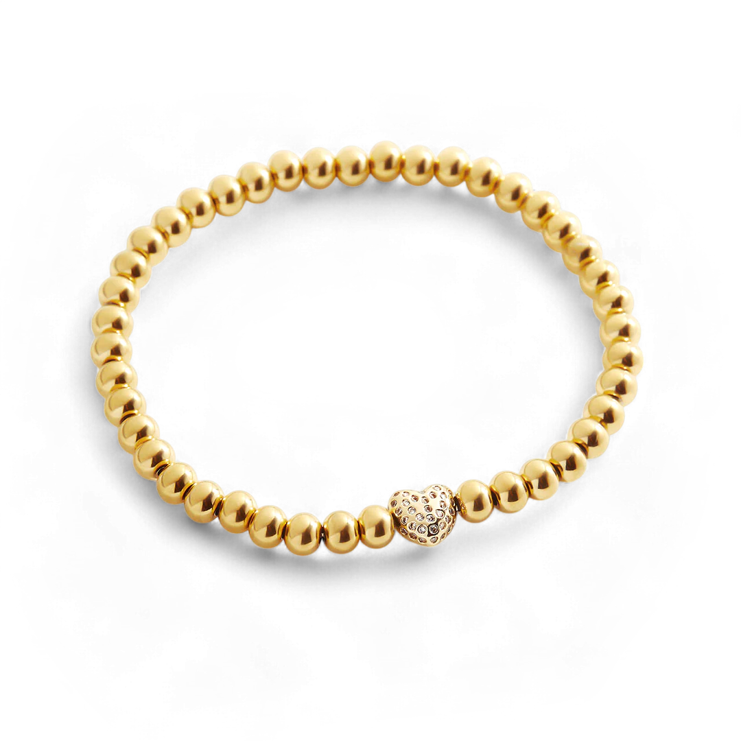 Pave Heart Gold Beaded Bracelet