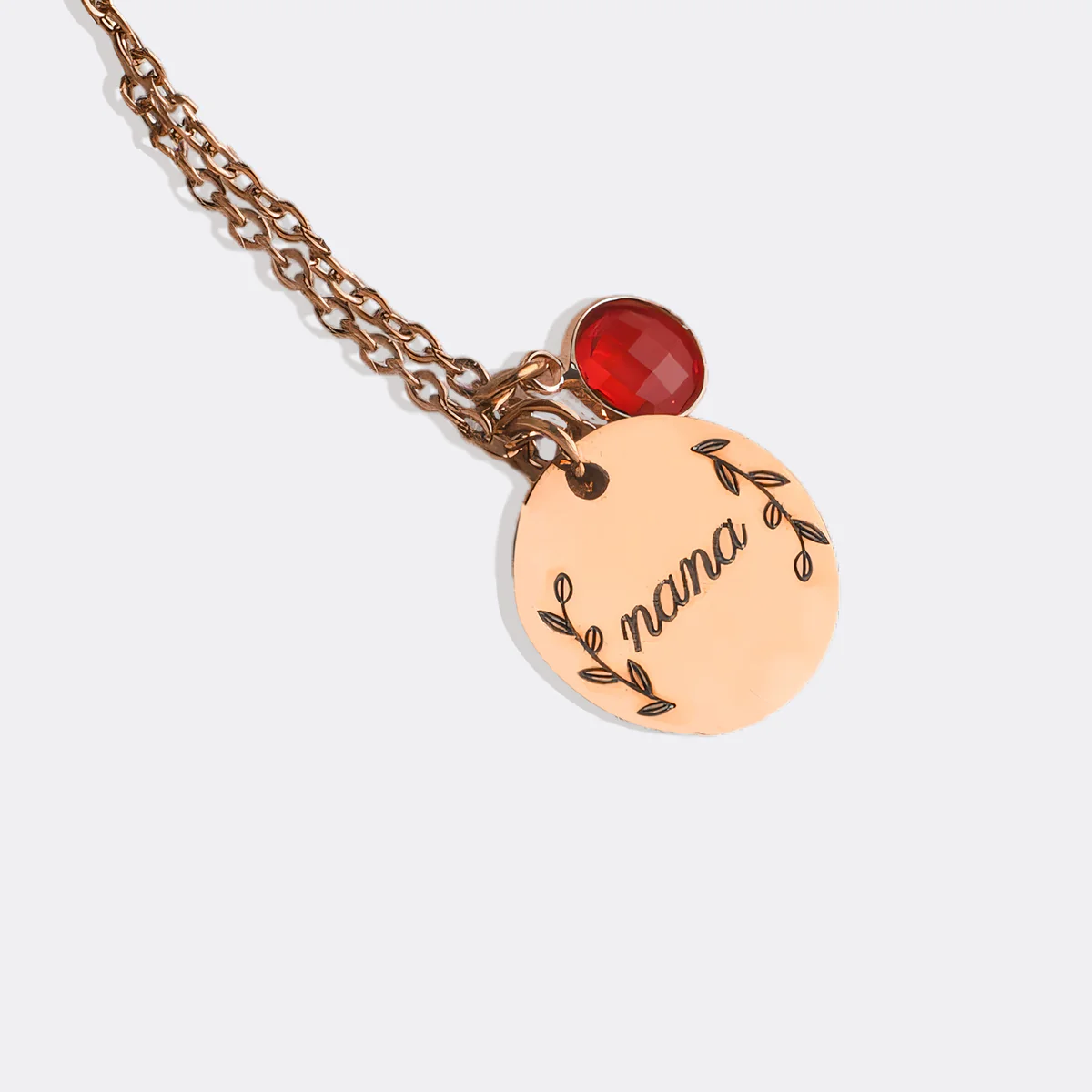 Engraved Birthstone Pendant Necklace with Leaves