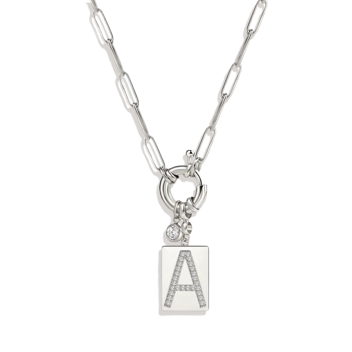 Pave Initial Pendant Necklace with Paperclip Chain