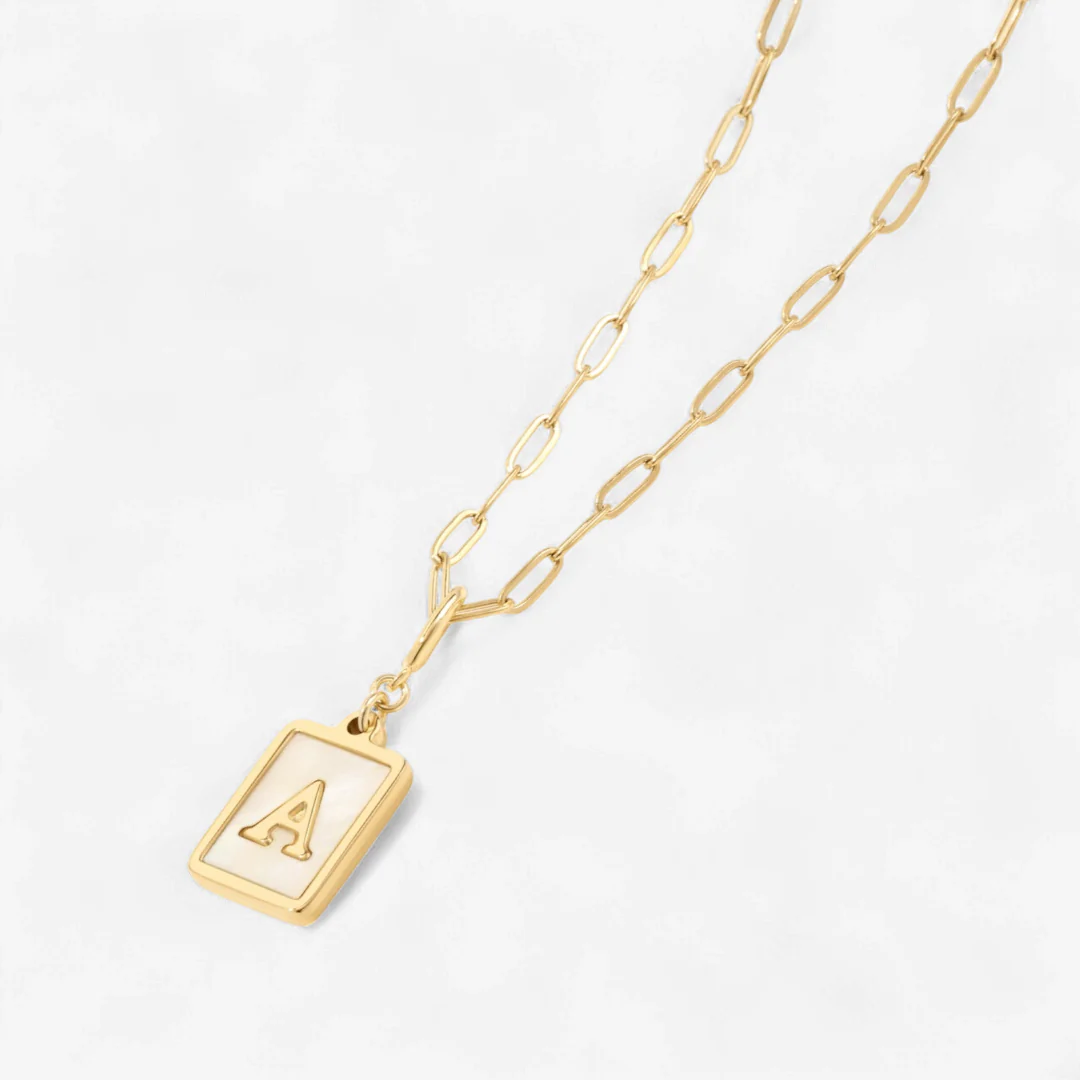 Mother of Pearl Card Initial Necklace | Paperclip Chain