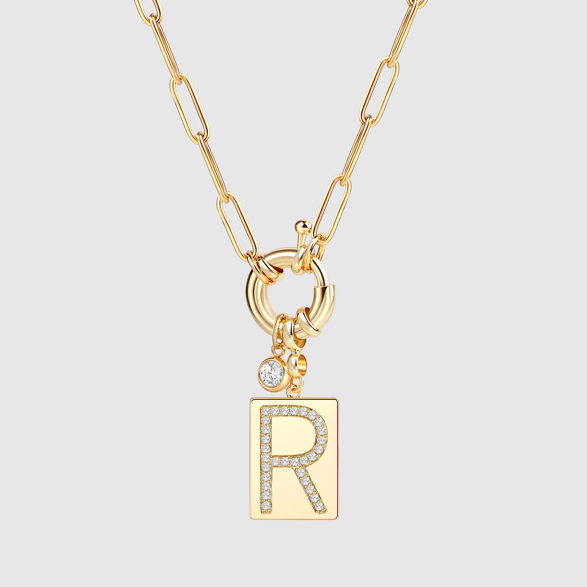 Pave Initial Pendant Necklace with Paperclip Chain