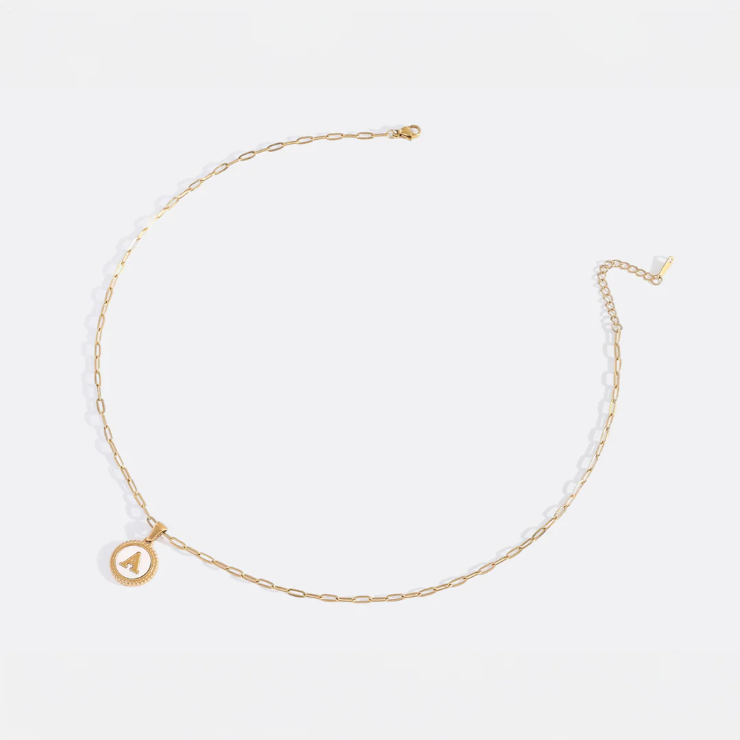 Mother of Pearl Disc Letter Necklace with Paperclip Chain
